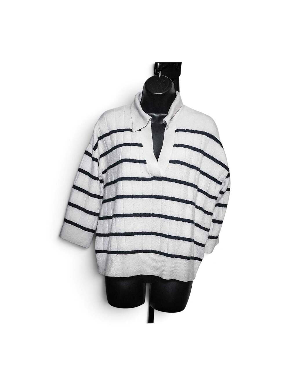 H&M Striped Ribbed Knit V-Neck Collared Sweater M White Navy